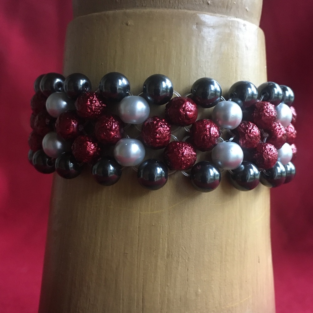 Red, hematite, and glass, adjustable bracelet